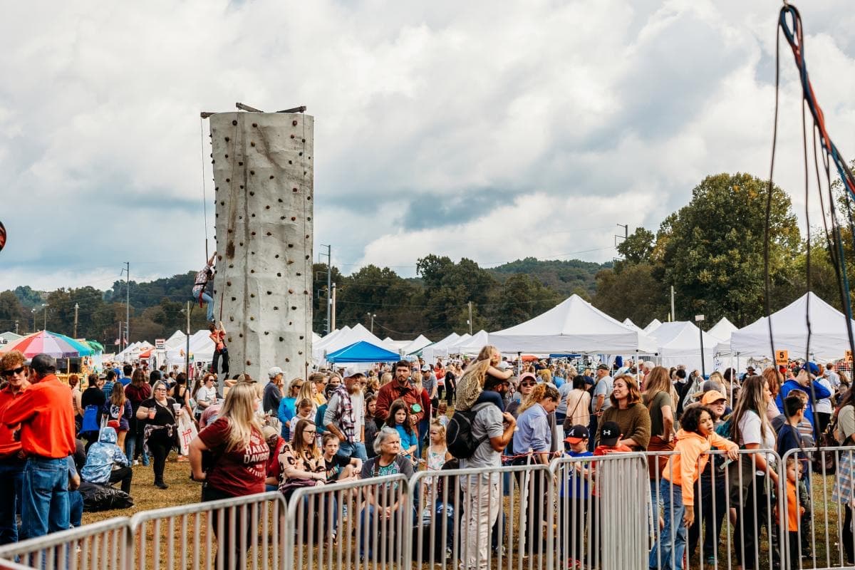 Crowds, vendor tents and a climbing wall at the Georgia Apple Festival